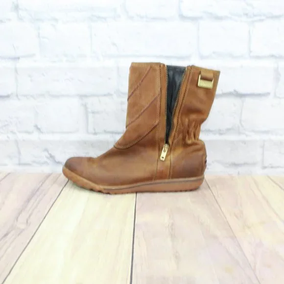 SOREL Brown Leather Gold Logo Round Toe Side Zip Winter Boots Size 8 - Picture 9 of 10
